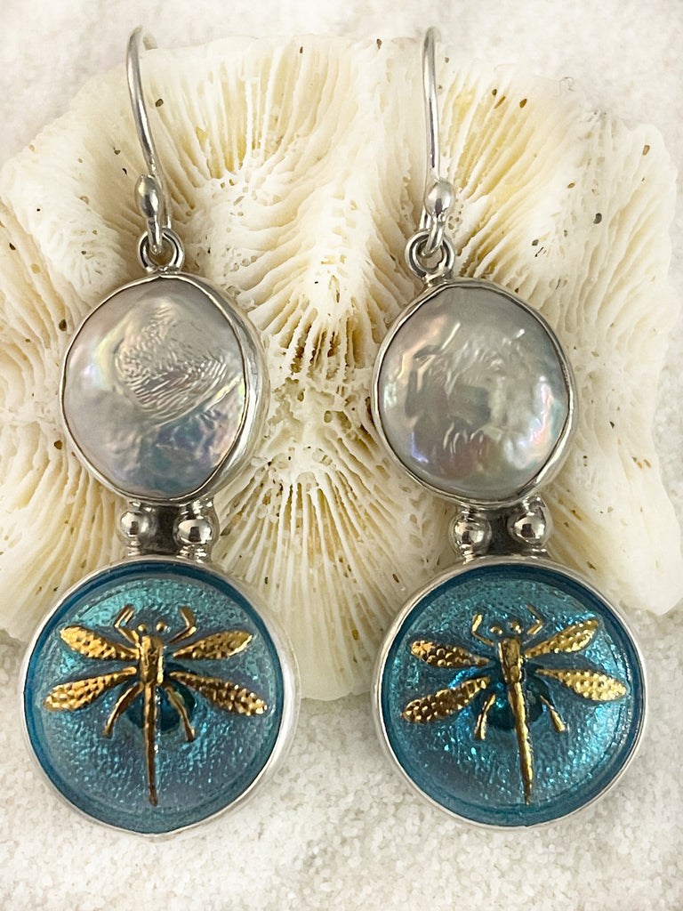 Deco Glass Collection Dragonfly Pearl/Vibrant Blue Earrings