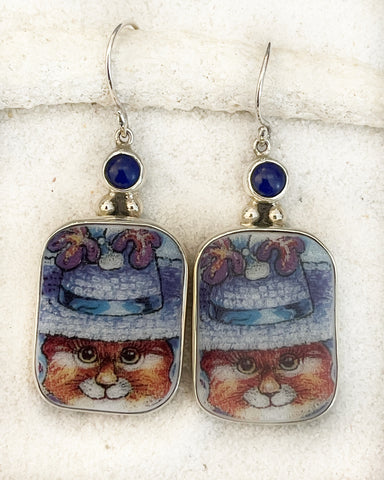 Vintage China Kats Kitty with Purple Hat Earrings