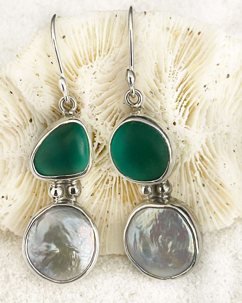Coastal Glass Collection Green Goddess and Pearl Earrings